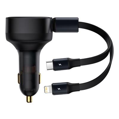 2-in-1 USBC iPhone Lightning Car Charger with Retractable Cable 75cm 30W Black