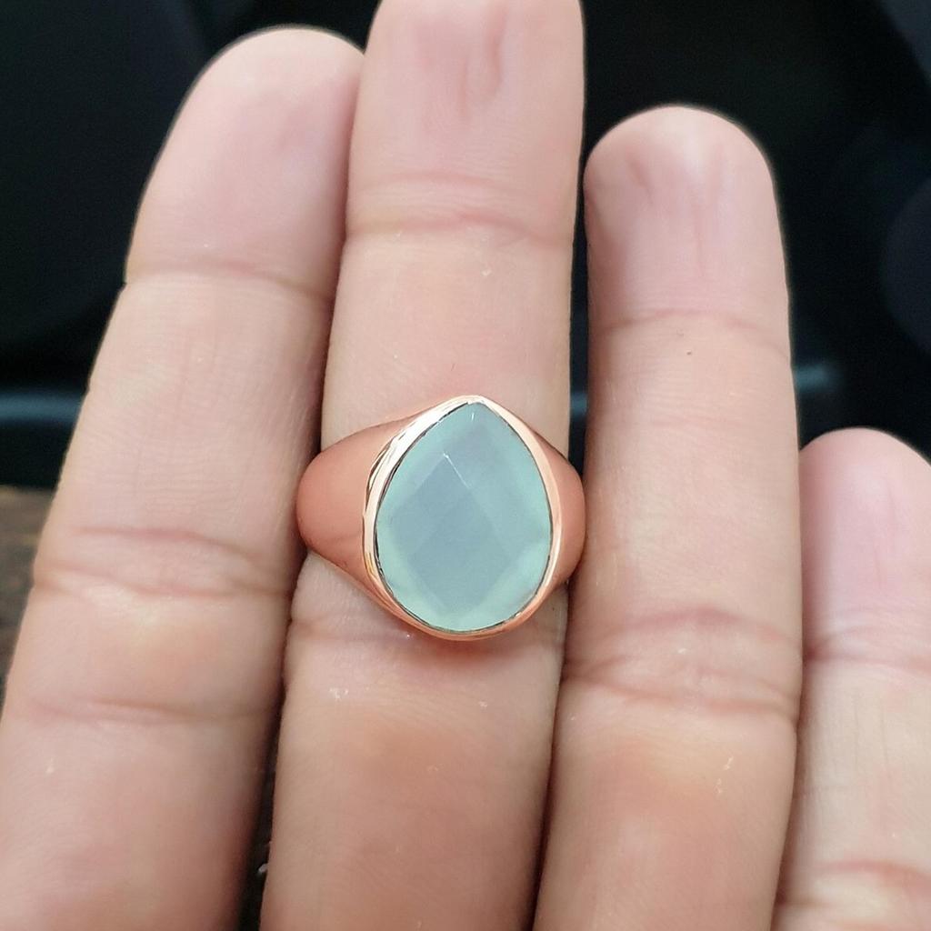 Rose Cut Aquamarine 925 Sterling Silver Rose Gold Overlay Ring Jewelry, Wedding Gift Handmade Ring