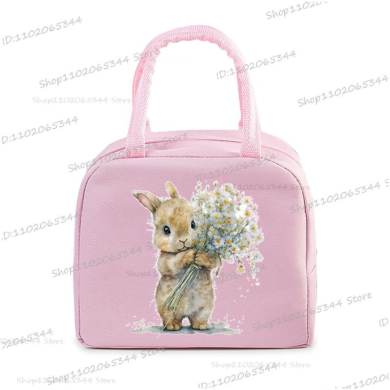Cartoon Rabbit Series Print Portable Lunch Bag Women Kids Food Thermal Box Multi-function Office Bento Insulated Bunny Handbag