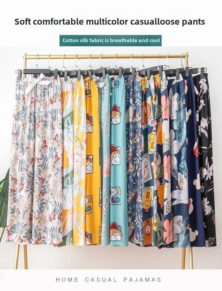 Women's Summer Loose-Fit Wide-Leg Pajama Pants - Imitation Cotton Silk, Nine-Point Length, Wear Indoors or Out