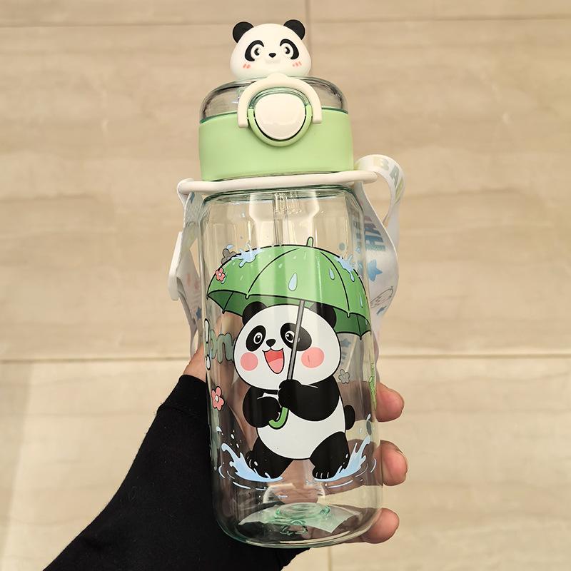 Portable Cartoon Water Cup with Strap - Durable, High-Temperature Resistant Plastic, One-Button Open Straw