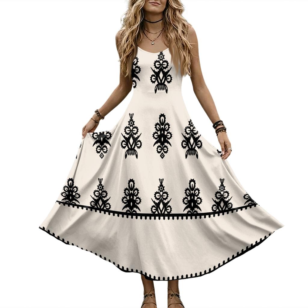 Women Sleeveless V Neck Maxi Dress Summer Bohemian Style Long Slip Dress with Embroidered Pattern and Adjustable Straps for Casual Wear