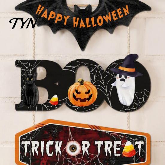 Outdoor Halloween Door Decor Happy Wooden Sign, Cute Bat Ghost Pumpkin Boo Hanger, Trick Scary Front or Treat Wall Hanging Sign for Party, Door, Home