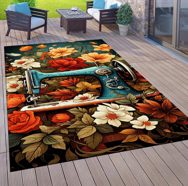 Vintage Nähmaschinen Design Außen Teppich Matte mit Zeltabdruck Scheren Akzenten für Terrasse, Camping, Wohnzimmer Schlafzimmer