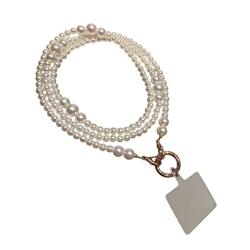 Multi-Size Pearl Phone Chain,Double-Layer Pearl Beaded Strap,Detachable Phone Lanyard with Gold-Tone Clasp