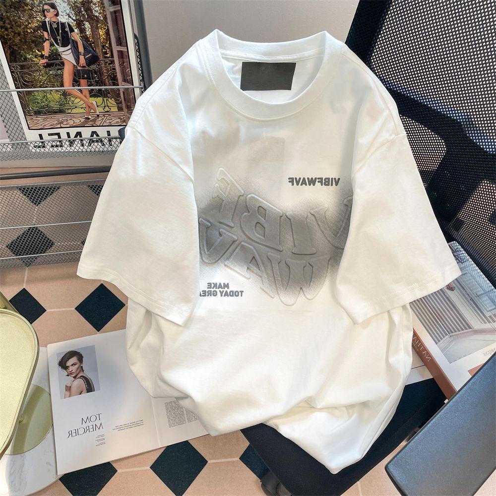 Vintage Embossed Letter Short Sleeve T-Shirt for Men and Women Trendy Tops M белый 1884₽