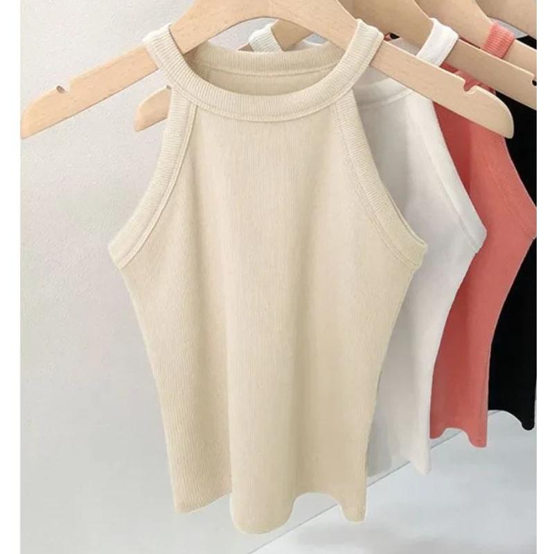 Damen Halter Neck Geripptes Gestricktes Ärmelloses Figurbetontes Lässiges Crop Top