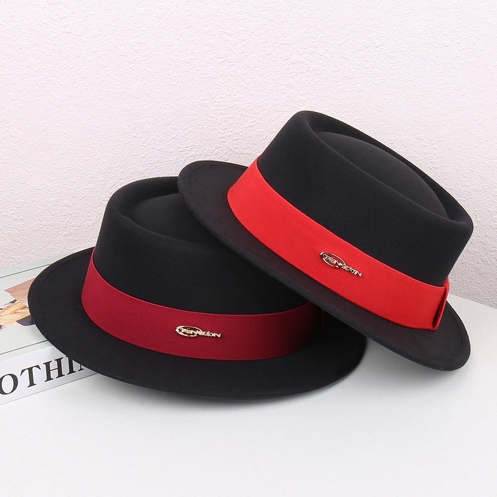 Autumn and Winter French Flat-brimmed Woolen Flat-top Top Top Hat Female British Show Small Face Simple Temperament Elegant Celebrity Style Jazz Hat