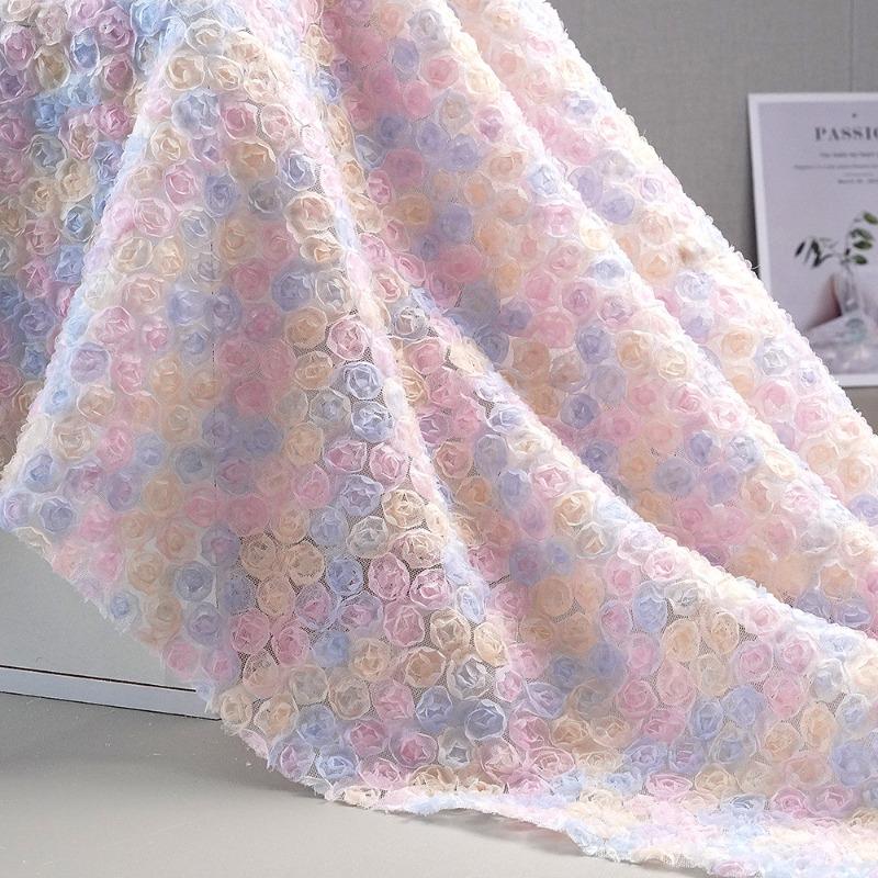 Encrypted Seven-Color Embroidered Silk Georgette Fabric Hollow Out Rose Peony Flower Wedding Dress Mesh Embroidery Material