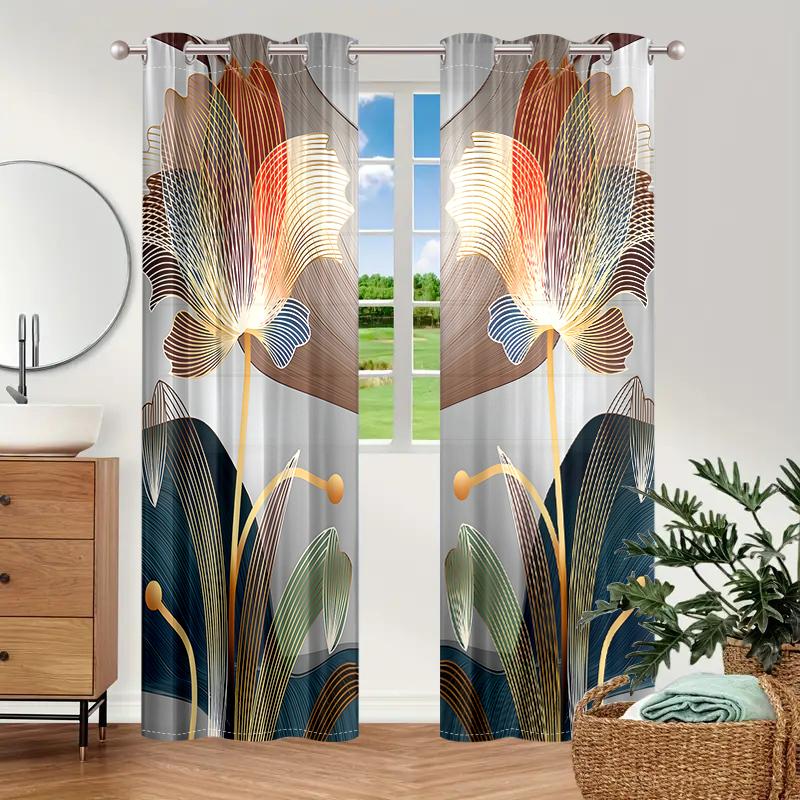 2 Pieces, Golden Line Abstract Floral Curtains - Semi Transparent - Suitable for Living Room, Bedroom and Home Decoration.