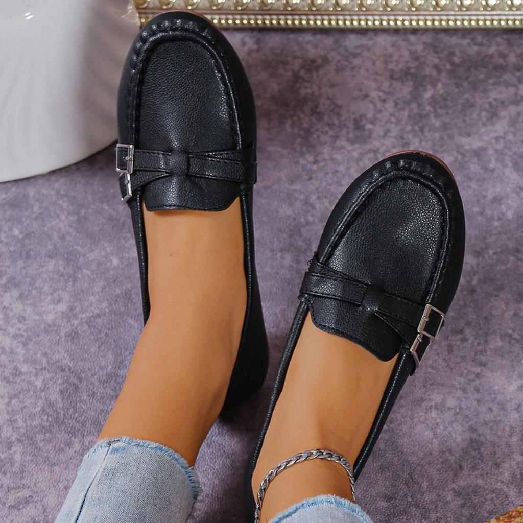 Fashion Flat single shoes women 2025 spring new foreign trade fashion belt buckle round head comfortable slip-on casual bean shoes