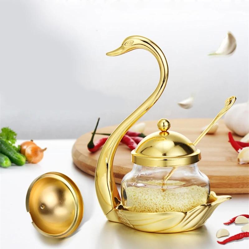 Alloy Condiment Pot Seasoning Container Spice Glass Jar Salt Sugar Bowl Pepper Coffee Storage Organizer Swan Rack Set