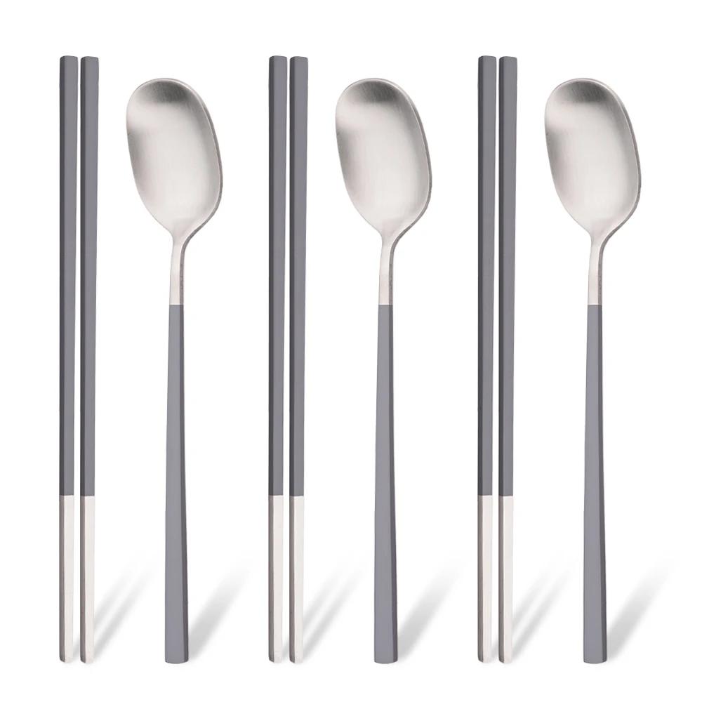 Pink Silver Matte Korean Tableware Set 6Pcs Luxury Cutlery Set Stainless Steel Dinnerware Spoon Chopsticks Flatware Cutlery Set