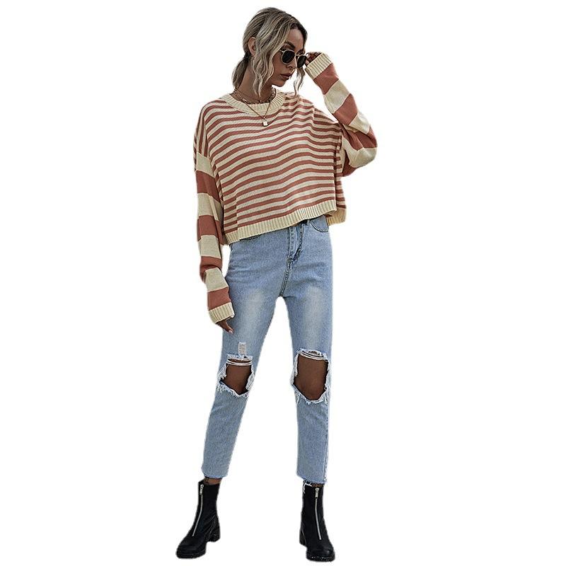 Vintage Fashion Elegant Casual Women's Striped Round Neck Loose Knit Short Sweater Women Inside Out