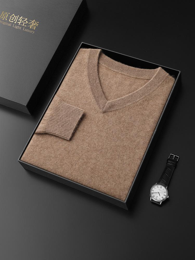 Men's V-Neck Cashmere Sweater, Plus Size, Long Sleeve, Solid Color, Wool Knit, 2023 Autumn/Winter Collection.