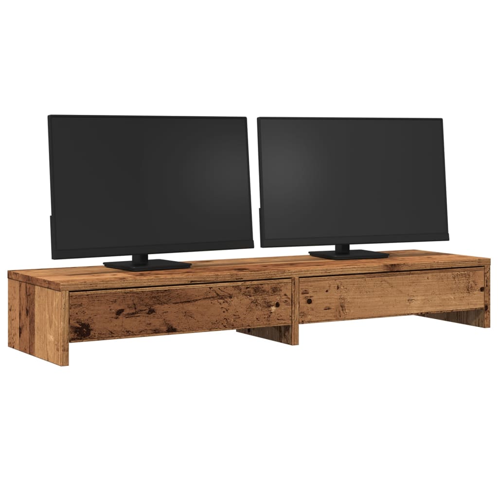 Dual Monitor Stand with Drawers Rustic Wood Look 100 X 27 X 15 Cm