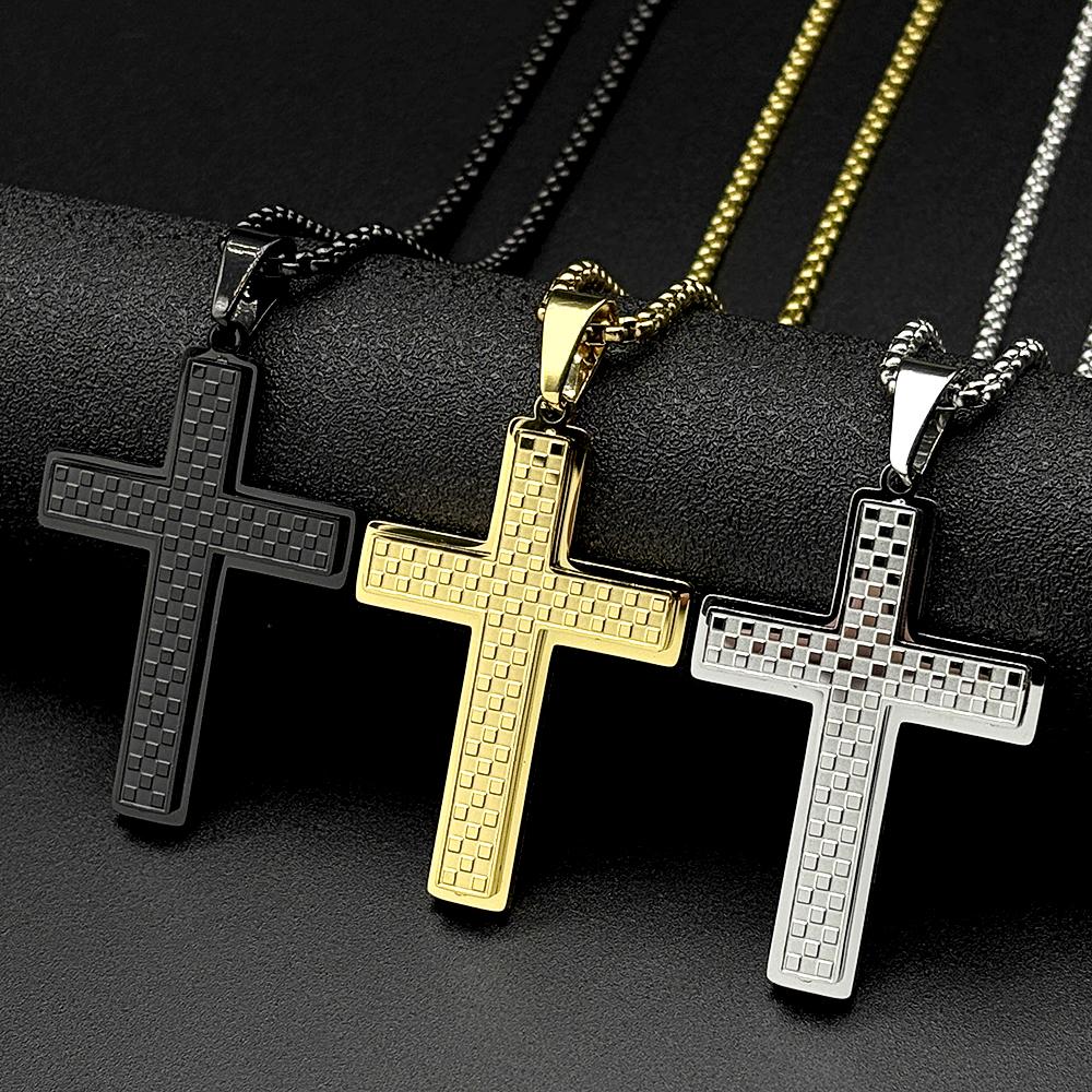 Christian Checkered Jesus Cross Pendant Necklace for Man Women Stainless Steel Gold Color Amulet Faith Hip Hop Chain Jewelry