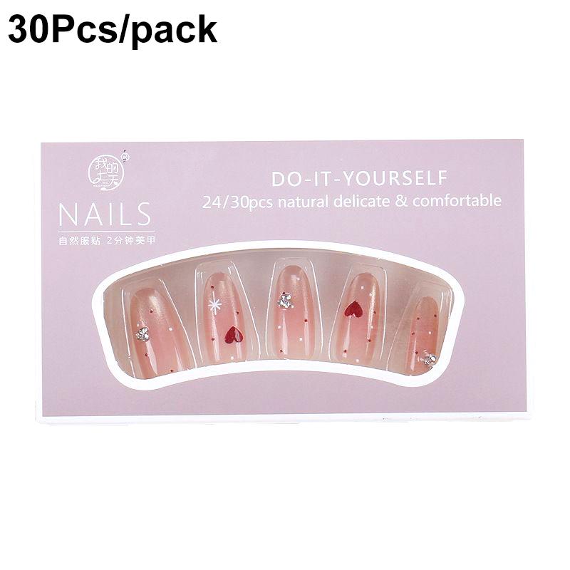 30Pcs Full Cover Removable Sparkling Rhinestone Reusable False Nails Elegant French Style Press On Nails Nail Art