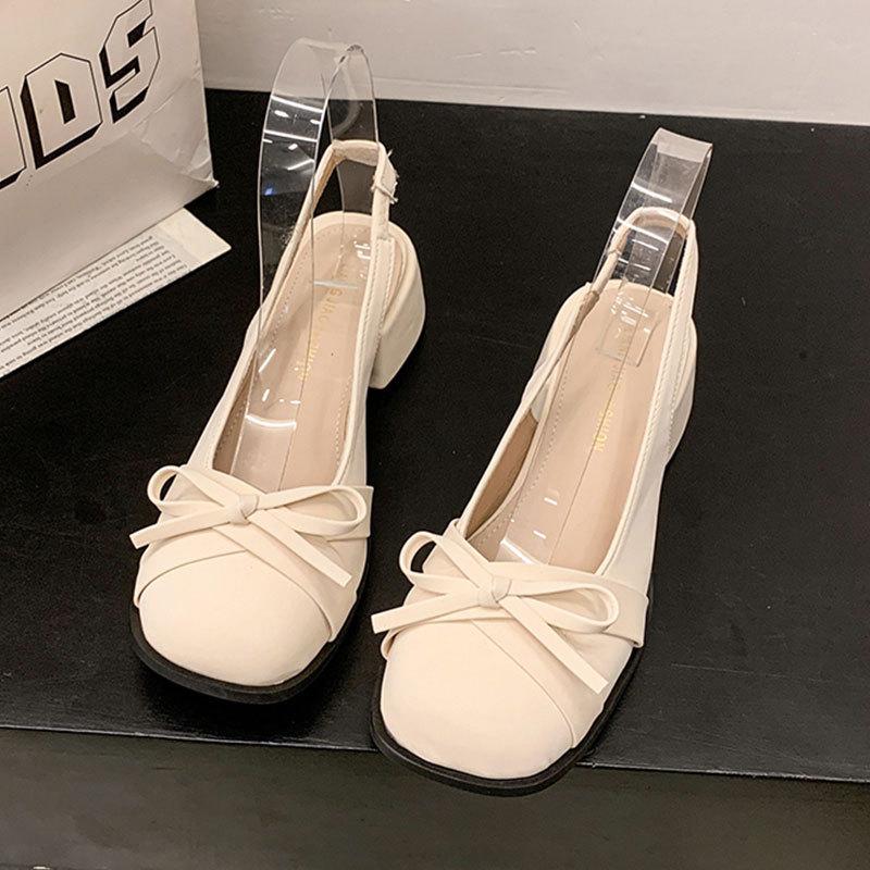 

Baotou sandals women s summer middle heel new bow French high heels gentle fairy style thick heel single shoes 40 бежевый
