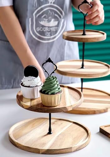 3-Tier Acacia Wood Afternoon Tea Stand with Compote and Dessert Plate for Cake Display, Perfect for Weddings, Birthdays, and Afternoon Tea Parties