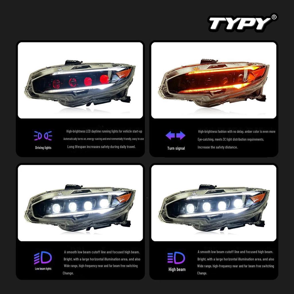 Compatible LED Projector Headlights with DRL and Flowing Turn Signals for 2016–2021 10th Gen Civic.