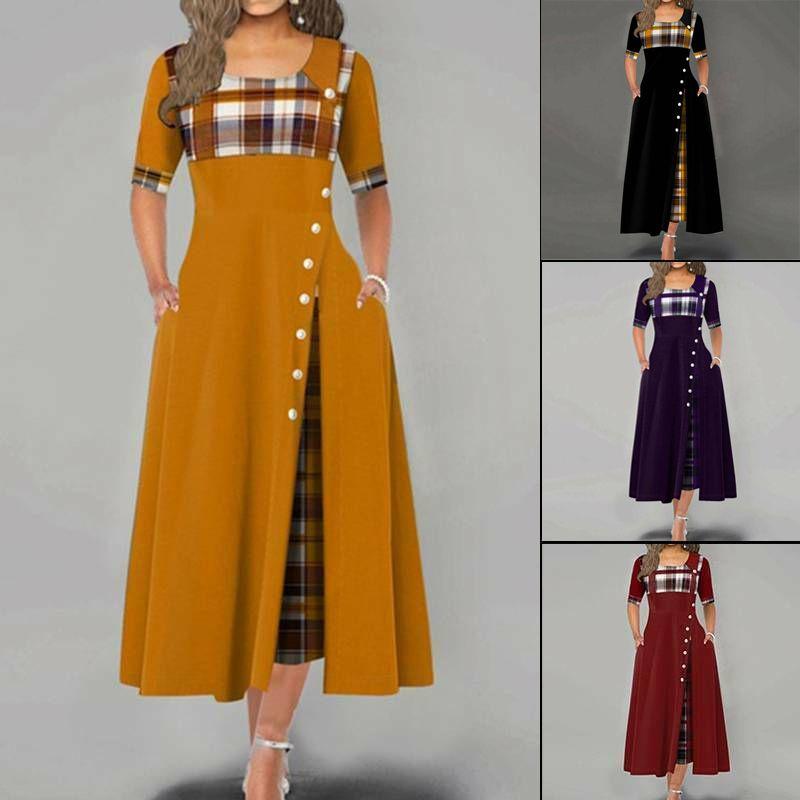 Casual Women Irregular Plaids Button Maxi Dress Half Sleeve Plus Dress Size
