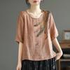 Bawełniano-lniany T-shirt Top Damski Letni Nowy Luźny Okrągły Dekolt Oddychający Cienki Z Nadrukiem Artystyczny Retro Krótki Rękaw Damski Top