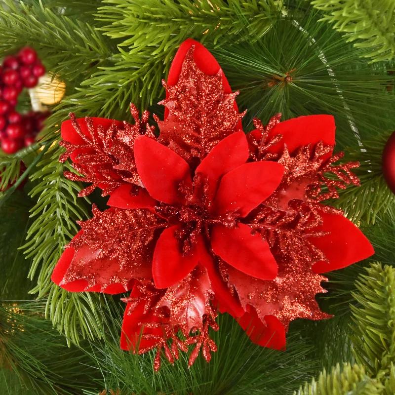 14cm Glitter Artificial Christmas Flowers Xmas Tree Ornaments Merry Christmas Decorations for Home New Year Gift