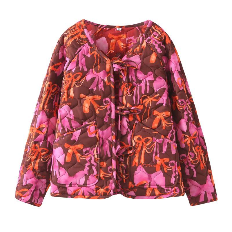 

Utopia Oil Painting Australian Niche Design Lace-up Double-Sided Wear Bow Print Red Flower Cotton-padded jacket Short coat Bows double-sided wear L