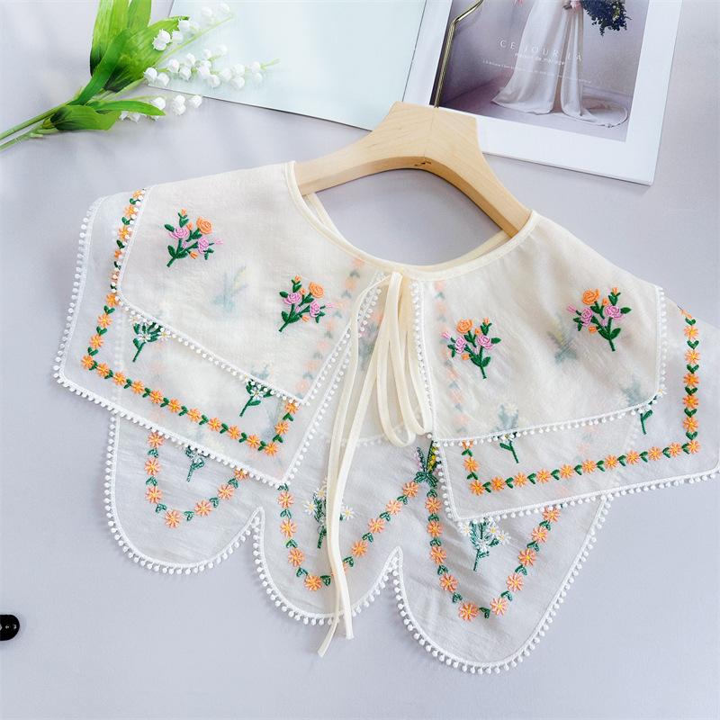 Cape Embroidered Floral Fake Collar Countryside Style Embroidery Lace Blouse False Collars Double-Layer