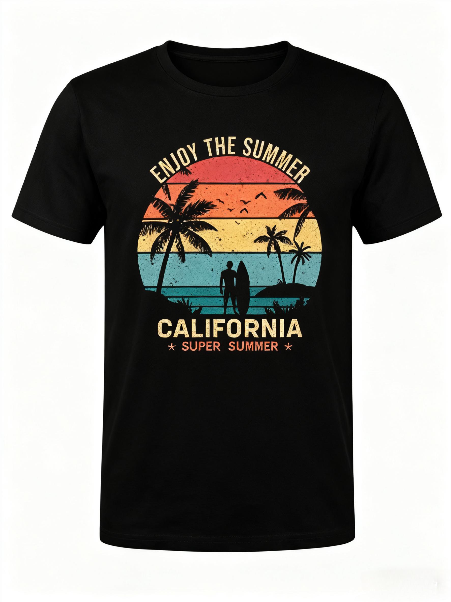 

Intage California Surf Graphic Tee ENJOY THE SUMMER Palm Tree Sunset Print Cotton T-Shirt Retro Beach Top S
