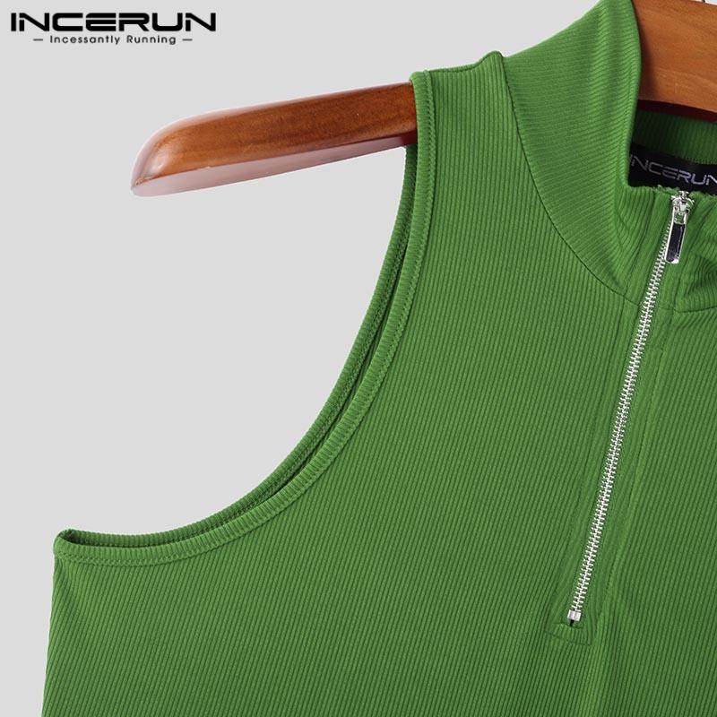 INCERUN Men Zip-up Mockneck Sleeveless Solid Color Summer Casual Tank Tops
