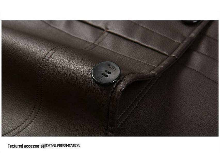 Men's Mid-Length Fleece-Lined Leather Jacket with Turn-Down Collar, Plus Size, Casual Coat