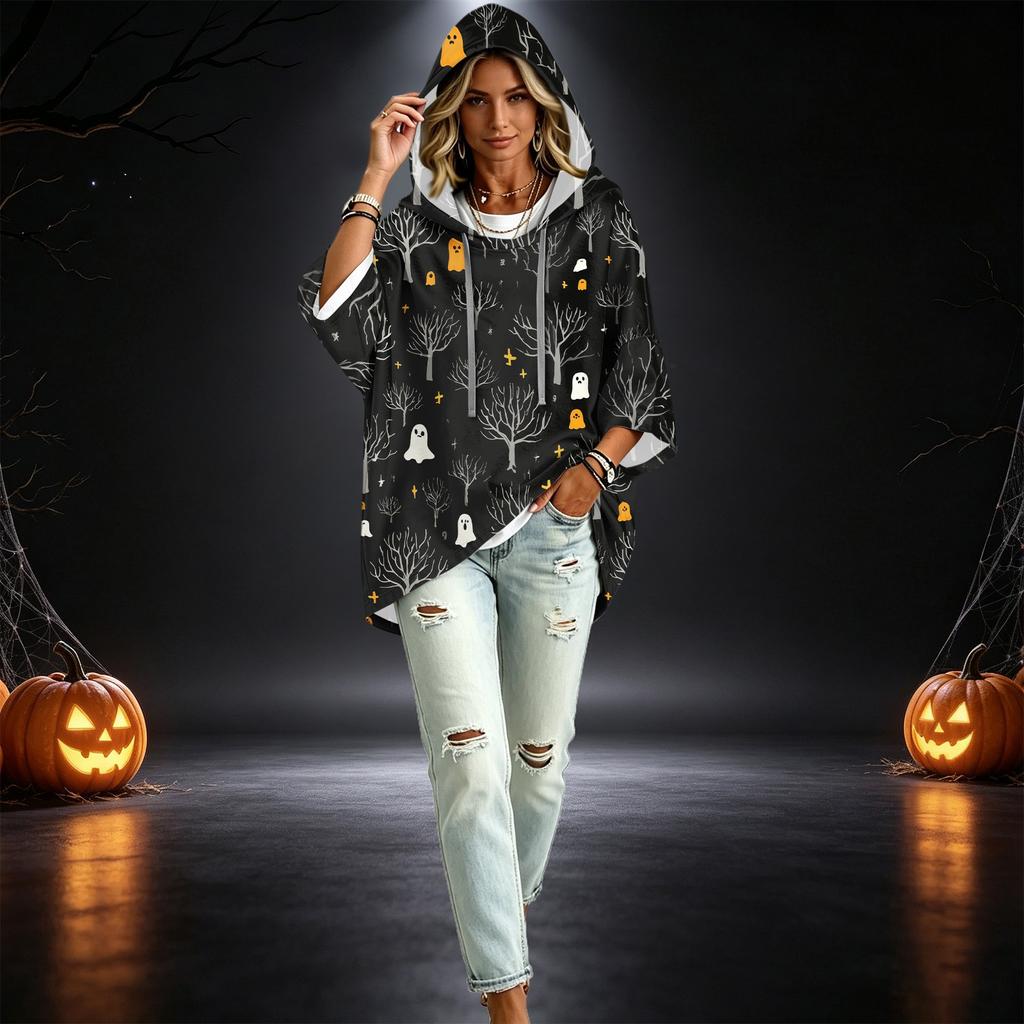 Women's 3/4 Sleeve Hooded Pullover Top with Halloween Print