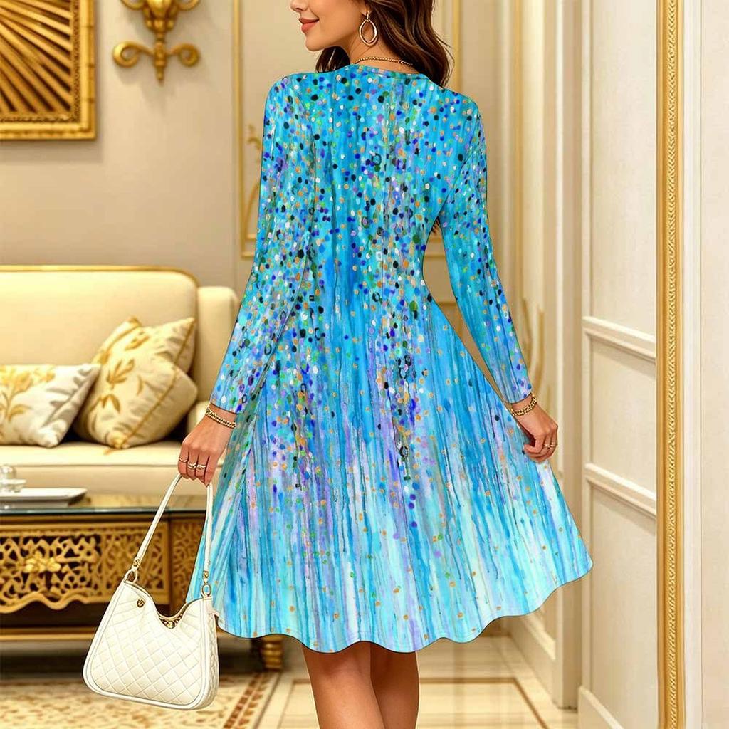 Women Long Sleeve Round Neck Midi Dress Boho Batik Gradient Tie Dye Wave Print Flared Casual Dress