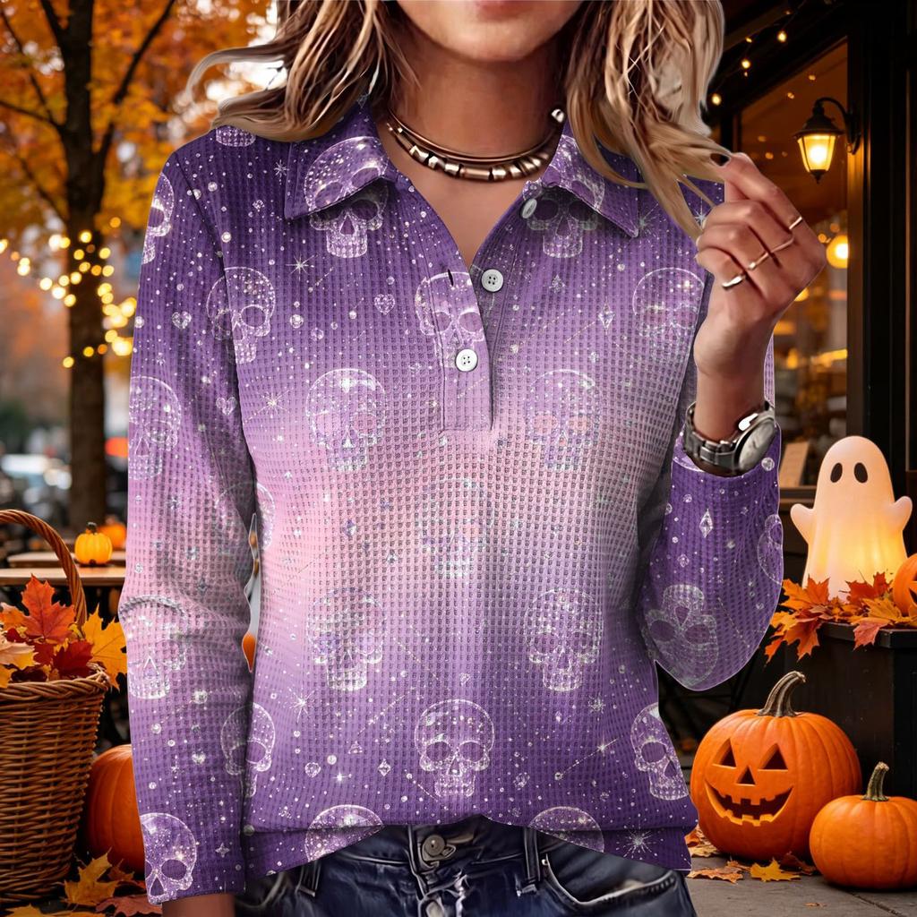 Women's Casual Long Sleeve Knit Top with Halloween Print and Lapel Collar