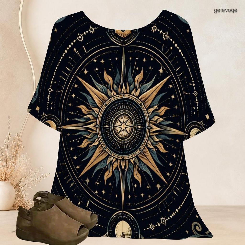 Damen Übergröße Fledermausärmel Kurzarm Oberteil Rundhals Stern Farbspritzer Print Locker Lässige Tunika Bluse