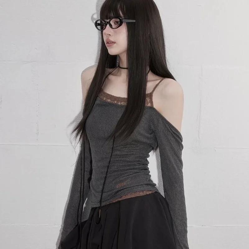 Long Sleeve New Style Lace Splicing Tight Sweet Spicy Pure Desire Big Neckline Vertical Pattern
