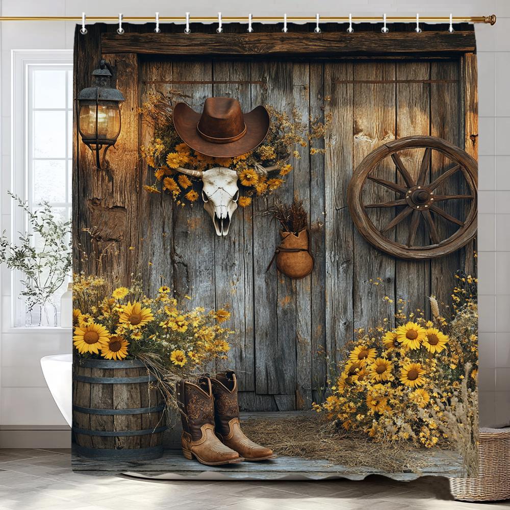 Flower Scenery Of Rural Farmhouse Shower Curtain, Bathroom Decorative Shower Curtain, Home Decorative Curtain With Hooks