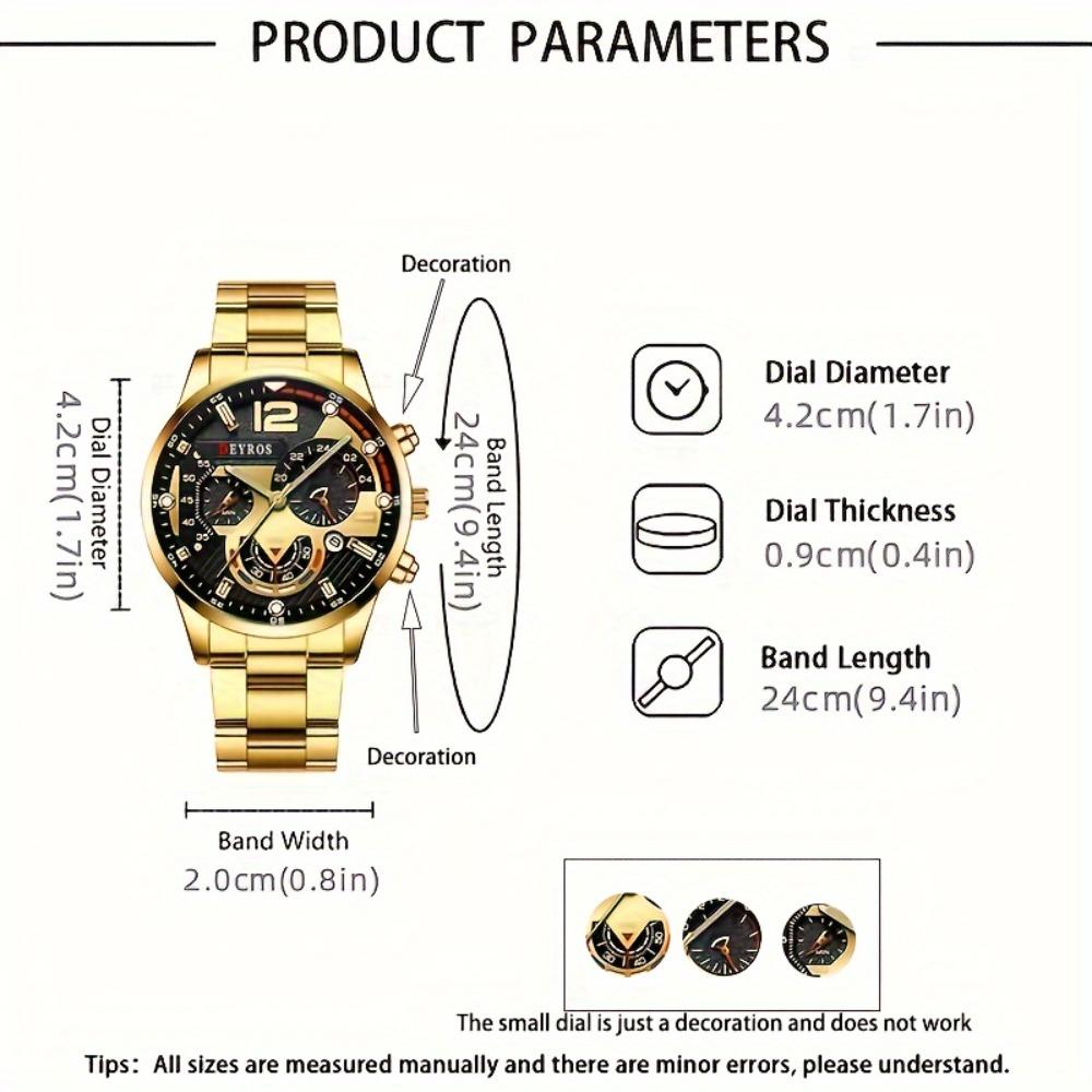 3pcs/set, Fashion Men's Business Watch, Casual Stainless Steel Quartz Wristwatch, Golden Necklace, Bracelet and Wristwatches Set