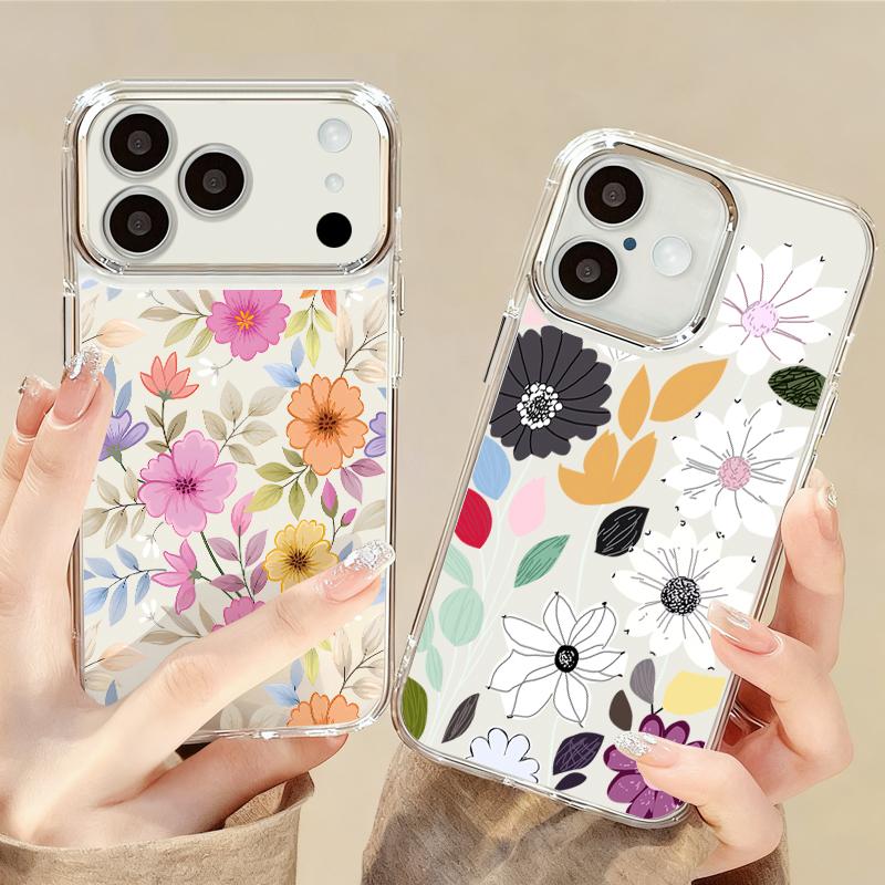White Flower Pattern Case For iPhone 17 Pro Max iPhone 16 15 14 13 Pro Max 11 17e 16e Plating Lens Frame Clear Soft Silicone Back Cover