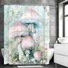 Enchanted Mushroom Shower Curtain for a Magical Bathroom, Featuring Pastel Pink and Blue Mushrooms with Delicate Leaves