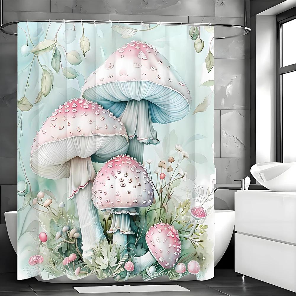 Enchanted Mushroom Shower Curtain for a Magical Bathroom, Featuring Pastel Pink and Blue Mushrooms with Delicate Leaves