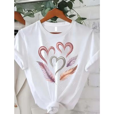 Tamanho Europeu Feminino Gola Redonda Manga Curta Casual Camiseta Gráfica Top - TAMANHO PLUS S-3XL Boho Chic Camiseta com Estampa de Coração, Branca Casual