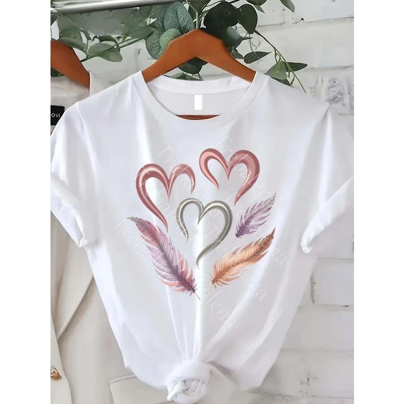 

European size Women S Crew Neck Short Sleeve Casual Graphic T-Shirt Top - PLUS SIZE S-3XL Boho Chic Heart Print T-Shirt, White Casual 4XL білий