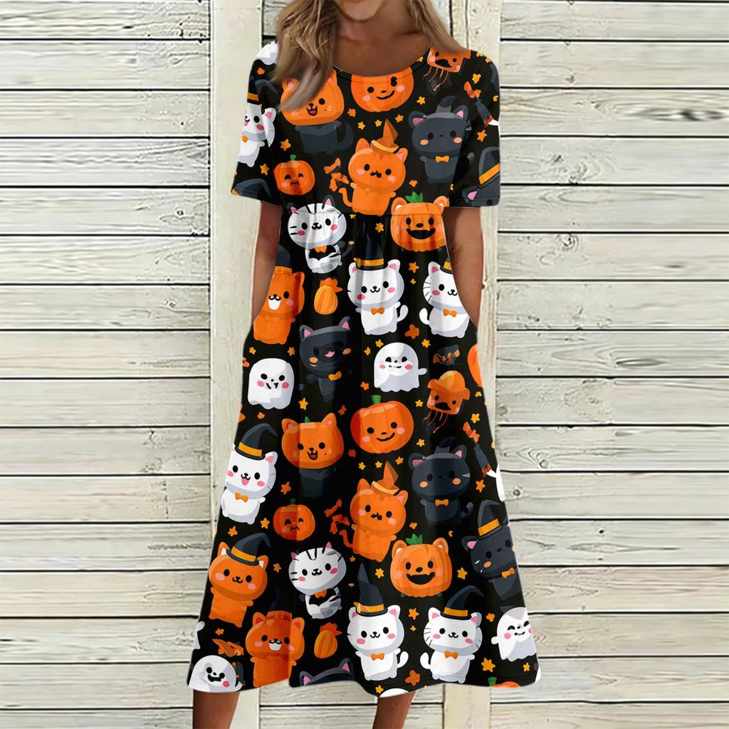 Damen Freizeitkleid mit Halloween-Print, Rundhalsausschnitt und Taschen für Partys