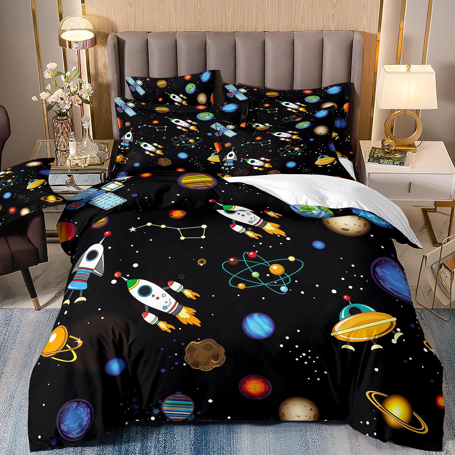 

3D Друк Мультяшний Аніме Постільна Білизна Дослідження Всесвіту Зоряне Небо Ракета Космос Дитячий Трикомпонентний Комплект cover 135 * 200 and 50 * 75 * 1