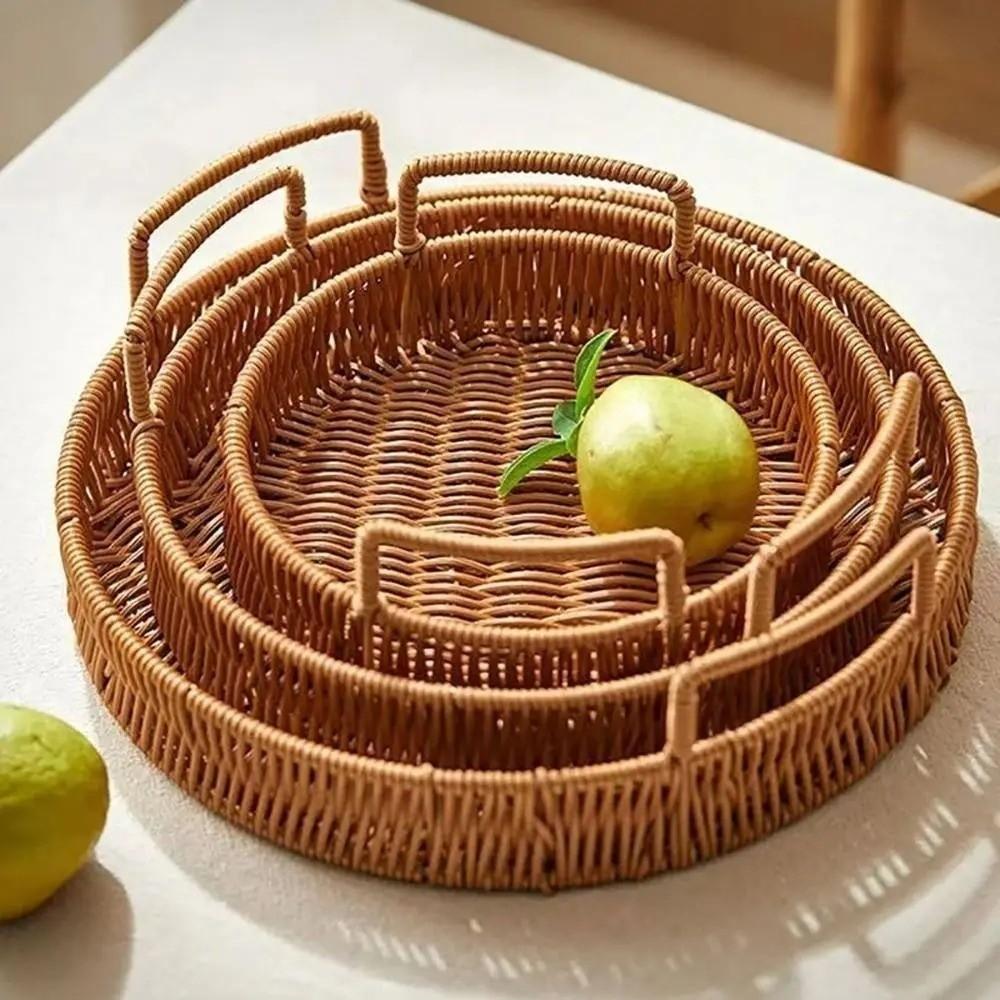 Plastic Imitation Handwoven Rattan Basket with Handle Wicker Basket  Food Storage
