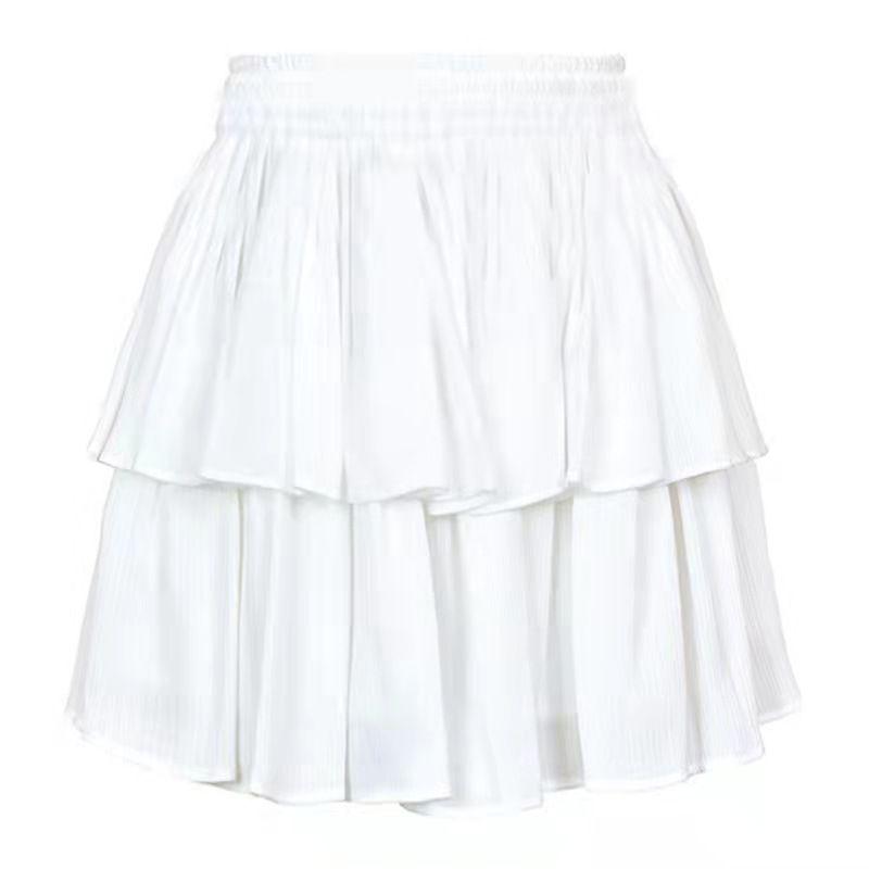 

New Double Layer Ruffled Elastic Waist Solid Color Skirt White S
