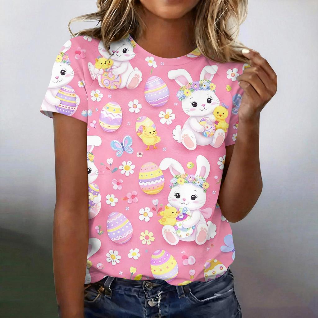 Women's Fashionable Casual Short-Sleeved Raglan Sleeve Easter Print T-Shirt Top